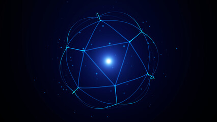 Abstract digital polygon sphere with glowing blue lines and central light on dark background. Futuristic tech illustration with network geometry and data vibe. © Vooper