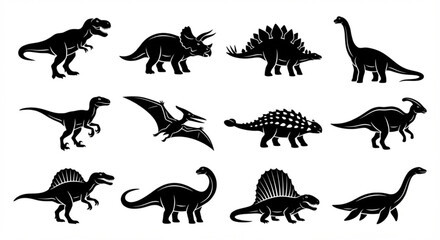 Obraz premium Various Dinosaur Species Silhouettes Collection - Black Vector Illustrations of Prehistoric Reptiles for Learning and Design