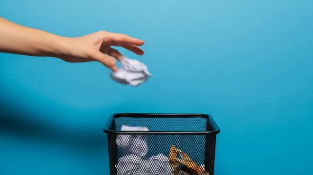 A hand discarding crumpled paper into a partially filled trash can against a blue background