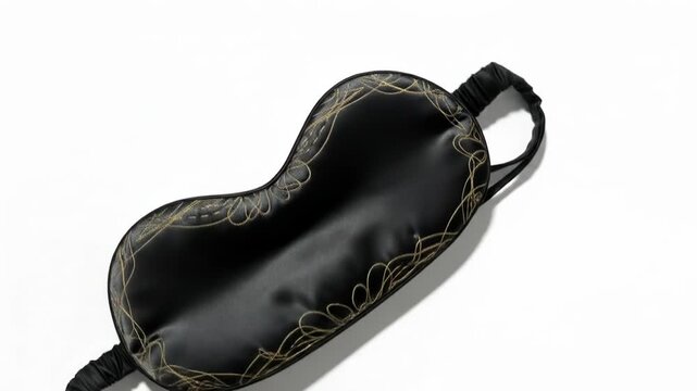 A black sleep mask with gold embroidery and a strap at the top