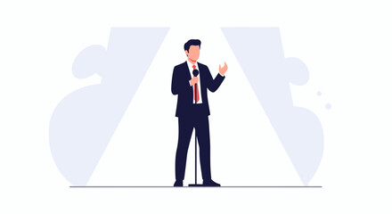 Obraz premium Man in Suit Speaking at Microphone on Stage with Spotlight