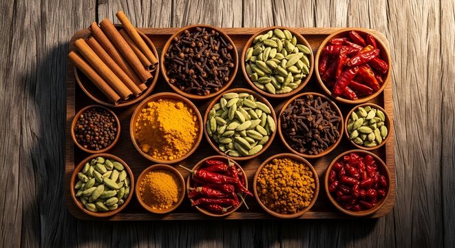 Top-down flat-lay of Sri Lankan spices in rustic wooden bowls on a dark wood surface.