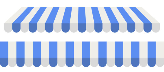 Blue and white striped shop awning. Store roof tent. Vector illustration of a store or market canopy isolated on transparent background. © Olga Tsikarishvili
