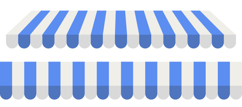 Blue and white striped shop awning. Store roof tent. Vector illustration of a store or market canopy isolated on transparent background.