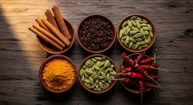 Authentic collection of exotic spices including cinnamon and chilies arranged on a textured background.
