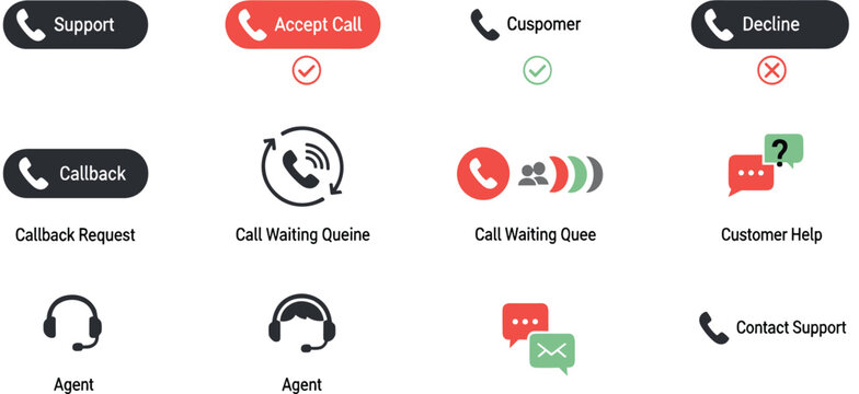 Customer support call service UI icon set with accept call decline callback request agent and contact support illustration