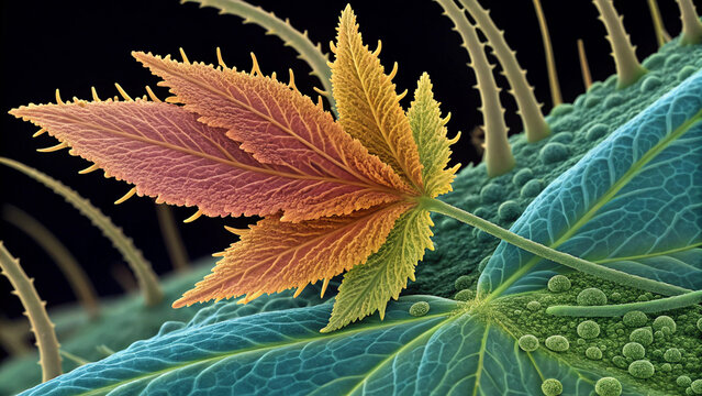 Cannabis leaf close-up macro view showing trichomes and glandular structures details