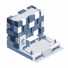 Fototapeta premium Isometric view of a modern office building with a unique facade and surrounding landscape, featuring a prominent entrance and outdoor seating areas.