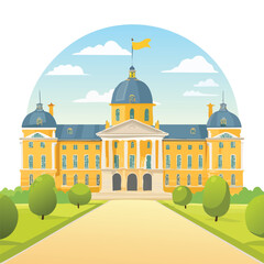 Cartoon illustration of a grand building with blue dome and flag in landscape © dara
