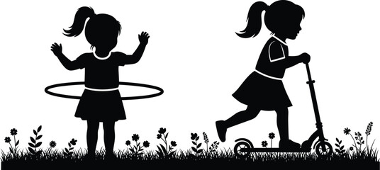 Children playing outdoors silhouette, hula hoop and scooter activity, black vector illustration, childhood fun, recreation, health, fitness, outdoor lifestyle © MdShafiqul