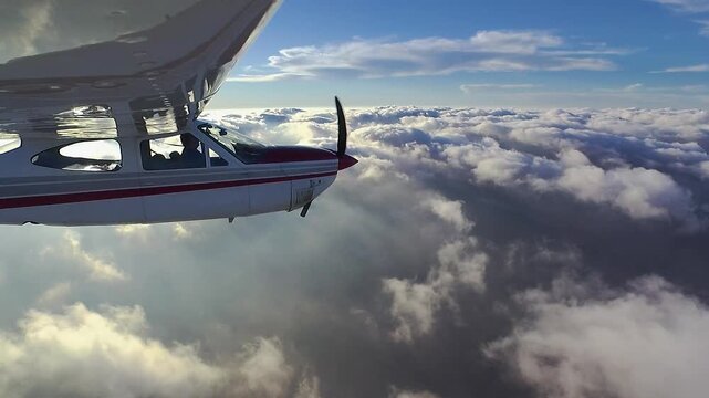 Closeup profile view of a small Cessna airplane flying above broken clouds in the golden, heavenly light of a late California afternoon.  