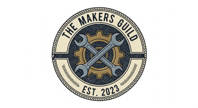 The makers guild logo with crossed wrenches and gears on a rope textured background