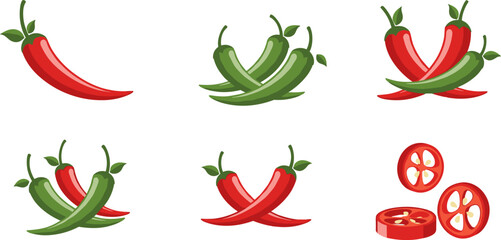 Fresh Chili Pepper Collection with Red and Green Hot Peppers and Sliced Chili Pieces for Cooking, Spicy Food Ingredients, and Culinary Design