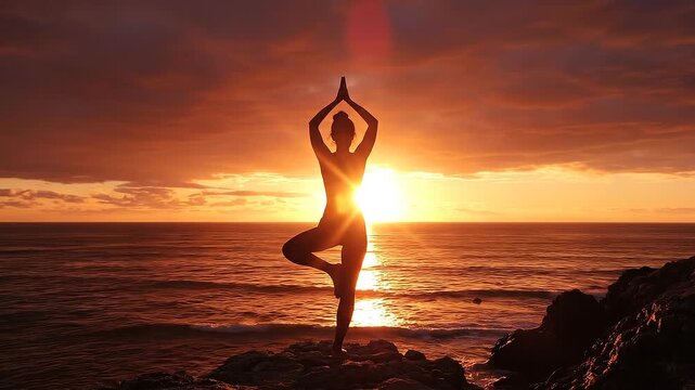 Silhouette of a woman practicing yoga tree pose at sunset by the sea