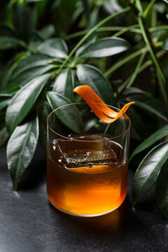 Classic old fashioned alcoholic cocktail in a transparent rocks glass with a big ice cube and orange peel garnish, lifestyle image on black wooden table with a green plant near by in a bar
