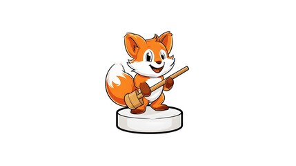 Obraz premium Cute Cartoon Fox Mascot Holding Drumsticks on White Pedestal.