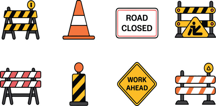 Construction zone icon set depicting road closures, barriers, warning signals, and safety equipment for traffic management and worksite alerts