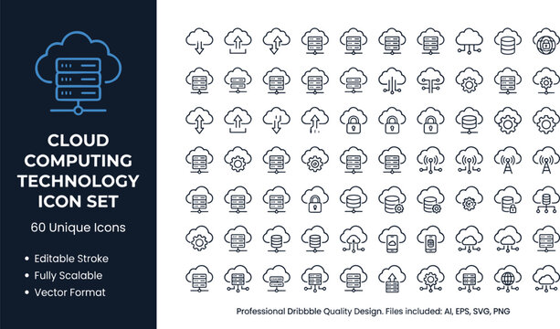 Cloud computing technology line icon set with servers networking storage security virtualization infrastructure symbols