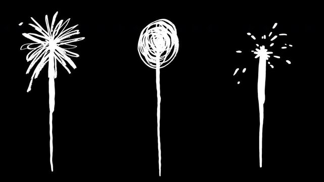 Set of hand draw silhouettes motion burning sparkler, fire swirl on stick or magic wand in cartoon scribble style. Cute loop 2d animation white elements isolated on black background for festive or hol