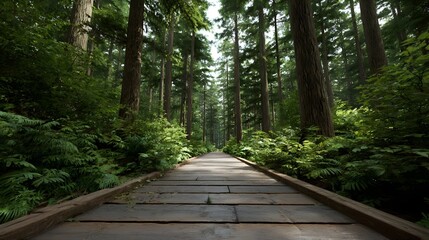 Fototapeta premium A wooden boardwalk leads through a tranquil lush green forest with tall trees