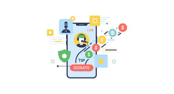 Digital Tipping and Donation Concept for Live Streaming. Mobile app interface showing a broadcaster receiving online financial support.