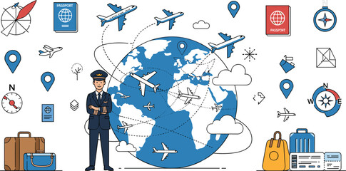 Air Travel and Global Aviation Concept Vector Illustration with Pilot, Airplanes, World Map, Navigation Icons, Passport, Luggage and Flight Routes © Sufea