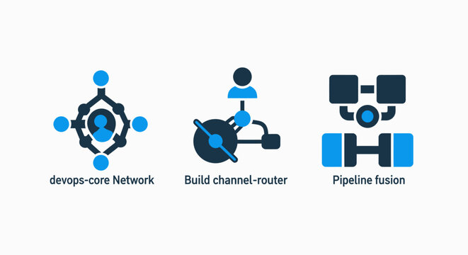 Devops icons, network architecture, pipeline and router symbols for software development and it operations