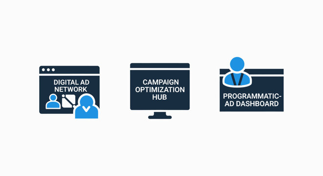 Digital marketing icons, ad network, campaign hub, and programmatic dashboard symbols for online advertising