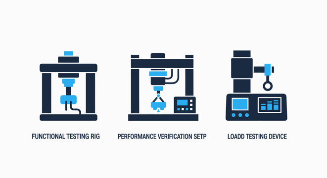 Three blue flat icons representing functional testing rig, performance verification, and load testing device for quality control, testing equipment, flat design