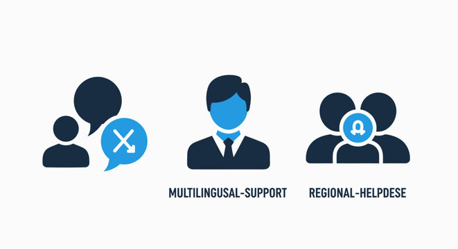 Set of three blue flat icons representing multilingual support, customer service, and regional helpdesk assistance, flat design, dark blue, white background