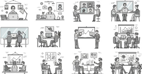 Obraz premium A grid of twelve cartoon scenes showing people in office and cafe settings