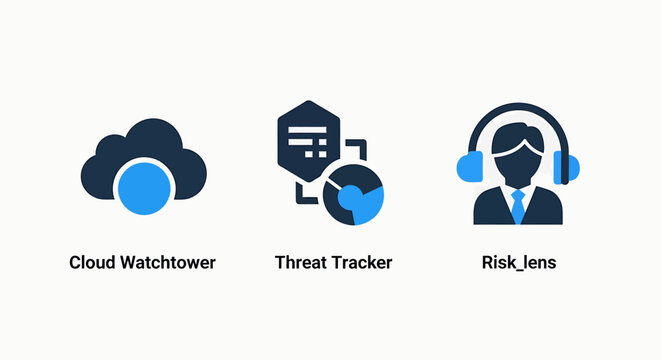 Security icons: cloud watchtower, threat tracker, and risk lens for cybersecurity and business protection