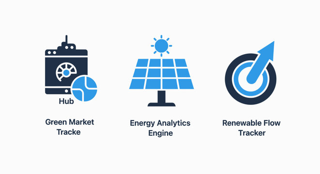 Set of icons representing green energy and technology concepts: solar panel, data hub, and renewable flow tracker