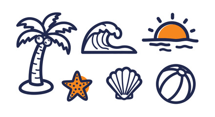 Naklejka premium Set of simple blue outline beach and summer icons with orange accents, featuring a palm tree, ocean wave, sunset, starfish, seashell, and beach ball, on an isolated white background.