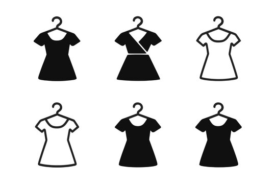 Uniform Hanger Logos. Hanging clothes on matching hangers for uniformity. Icon set. Set Logo of Hanging clothes on matching hangers for uniformity: dress on