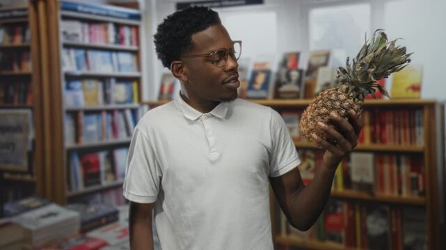 Man holding a ripe pineapple in a library building near tall bookshelves while looking at its texture; curiosity.