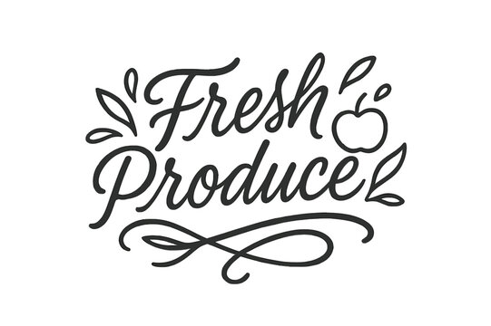 Fresh Produce Design. Fresh Produce ? brush script hand-lettering; fluid semi-cursive strokes, soft connectors, light brush accents; composition: centered;