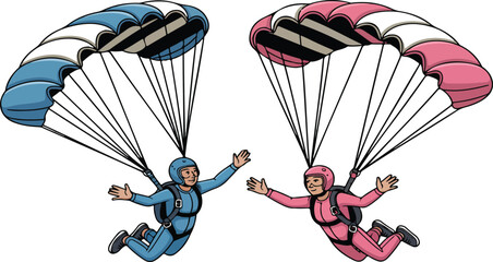 Two skydivers descending with colorful parachutes in a playful cartoon illustration depicting adventure, extreme sports, and outdoor fun vector art © Mdmokbul