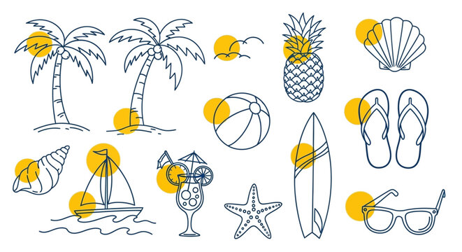 Seamless Pattern of Blue Outline Summer and Beach Vacation Doodle Icons with Yellow Circle Accents