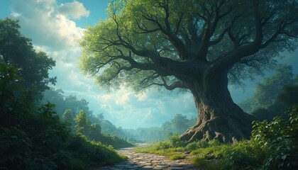 Fototapeta premium Ancient gnarled tree stands roadside with sprawling branches reaching skyward. A stone path winds through rich green forest under bright, cloudy sky. Nature, growth, journey, wisdom, life.