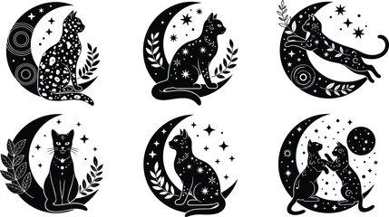 Celestial cats silhouettes illustration, mystical cosmic artwork, fantasy moon star design, magical feline concept, decorative spiritual graphic © MdShafiqul
