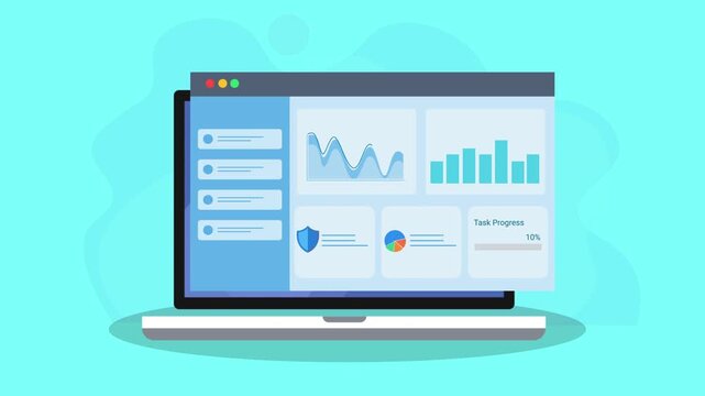 Animated laptop displaying a data analytics dashboard with charts, graphs, and shield icon. Flat vector motion design representing cybersecurity monitoring, digital protection, and technology interfac