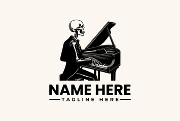 A skeleton playing a grand piano with a template text for a logo or icon on a beige background, featuring a pictogram logo with a vector illustration style. © vectorvovdesign