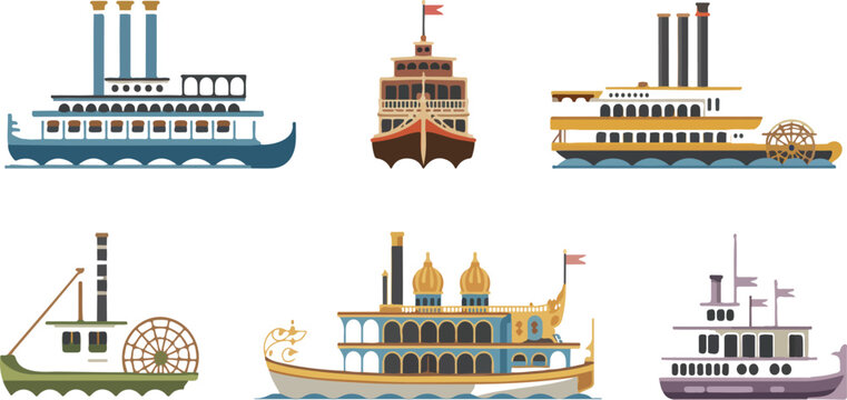 Colorful illustration depicting a collection of vintage paddlewheel riverboats showcasing historic steamships, river travel, and classic maritime scenes vector art