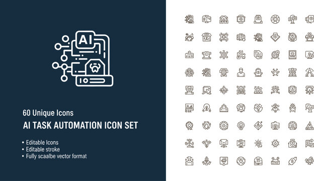 AI Task Automation Line Icon Set Featuring Artificial Intelligence Workflow Technology Data Processing And Smart Digital Systems