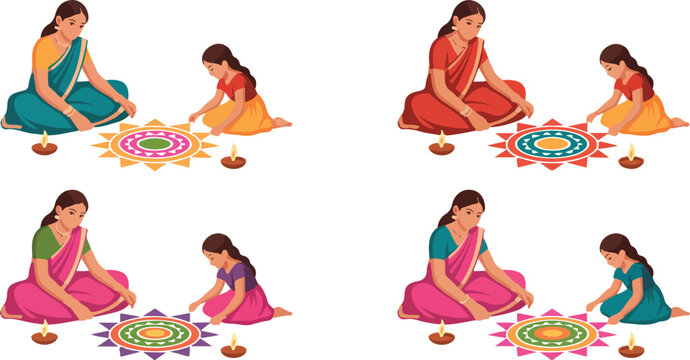 Indian women creating colorful rangoli designs during festive celebration, showcasing tradition, culture, and vibrant art in vector illustration