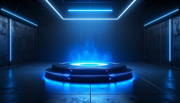 illustrazione 3D che mostra un'ampia stanza con una piattaforma rotonda sul pavimento e un'altra di forma quadrata sul soffitto, entrambe con delle luci azzurre e del fumo che sale dal basso