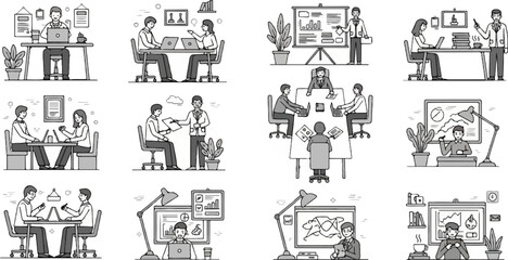 Obraz premium A collection of line drawings depicting people working and collaborating in office settings
