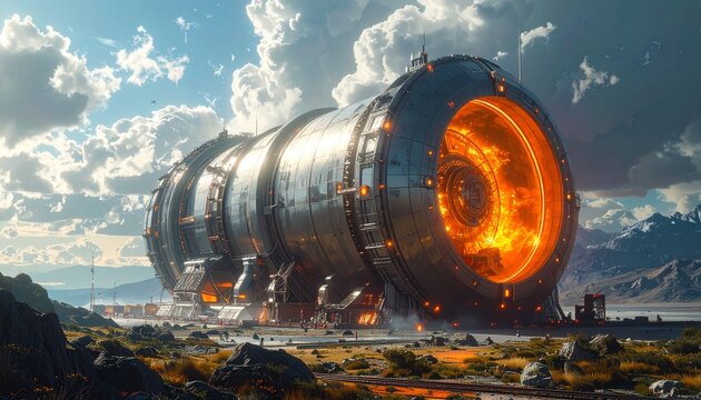 illustrazione 3D di un concept di un enorme impianto energetico futuristico,  in uno spazio aperto, di giorno, in un ambiente industriale di fantasia
