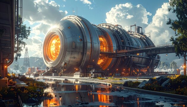 illustrazione 3D di un concept di un enorme impianto energetico futuristico, in uno spazio aperto, di giorno, in un ambiente industriale di fantasia
